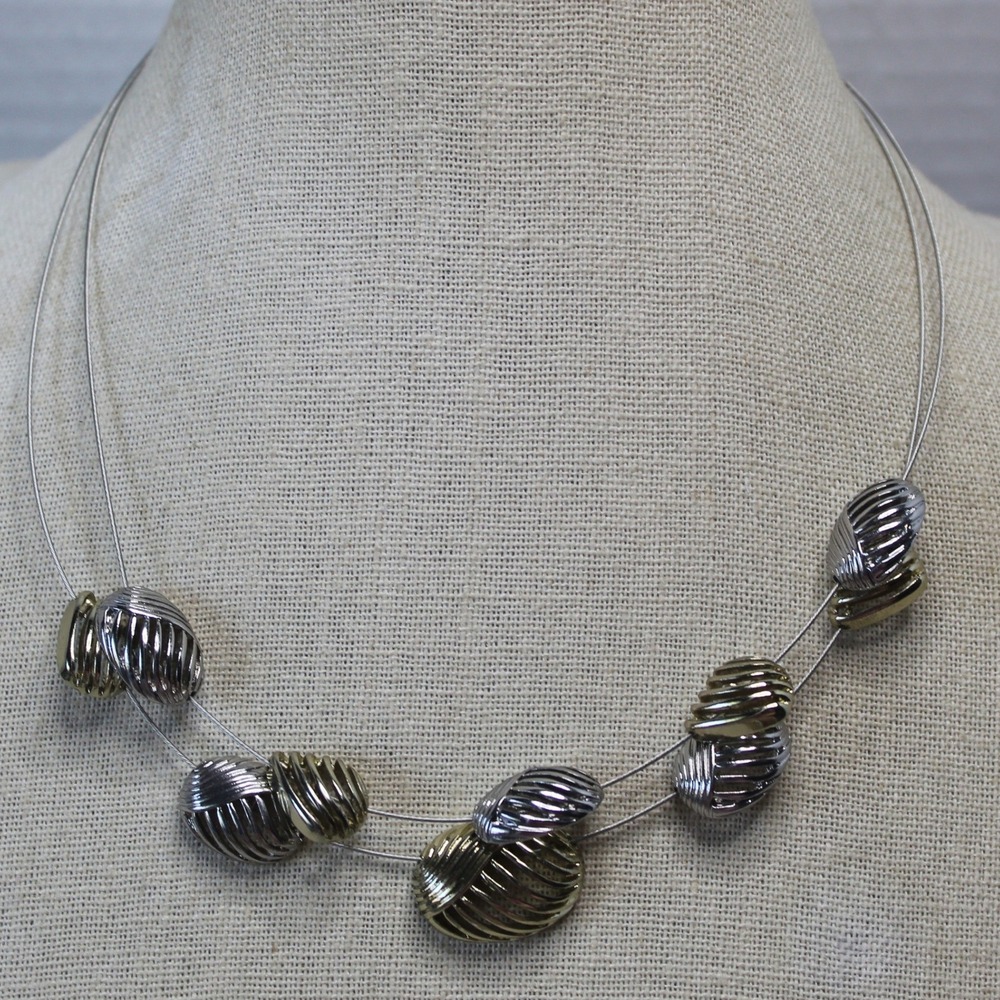 Necklace Multi-Strand Mixed Metal Ribbed Bead 16-19in Silver Gold Modernist SEO